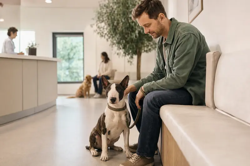 Ein Miniatur Bullterrier sitzt ruhig neben seinem Besitzer im hellen Wartezimmer einer modernen Tierarztpraxis.